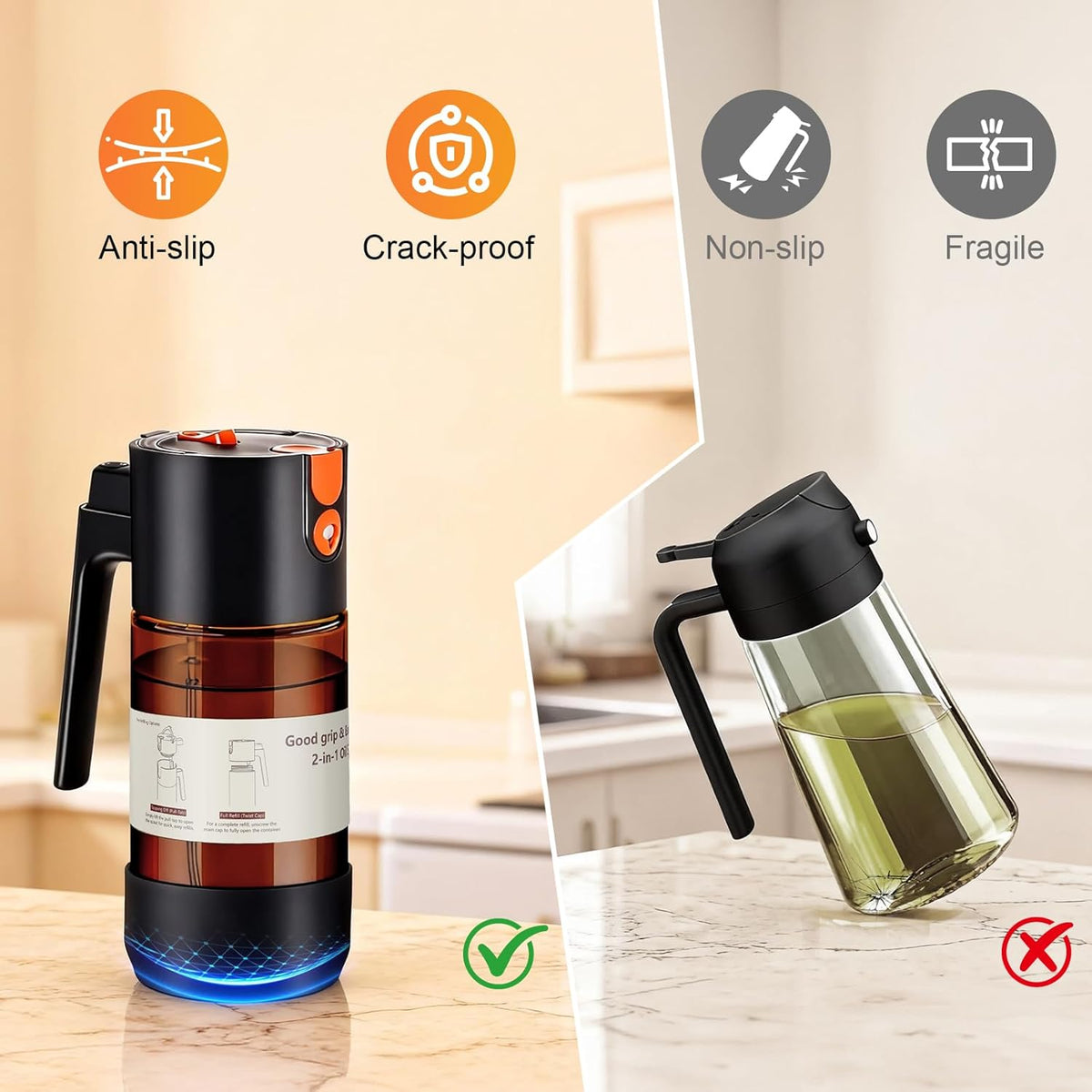 2-IN-1 Oil Sprayer for Cooking with 8 Stickers Light-Blocking Dark Glass Olive Oil Dispenser Bottle for Kitchen 500ml/16.9oz Oil Mister for Air Fryer, BBQ,Salad Even Spray with Portion Control