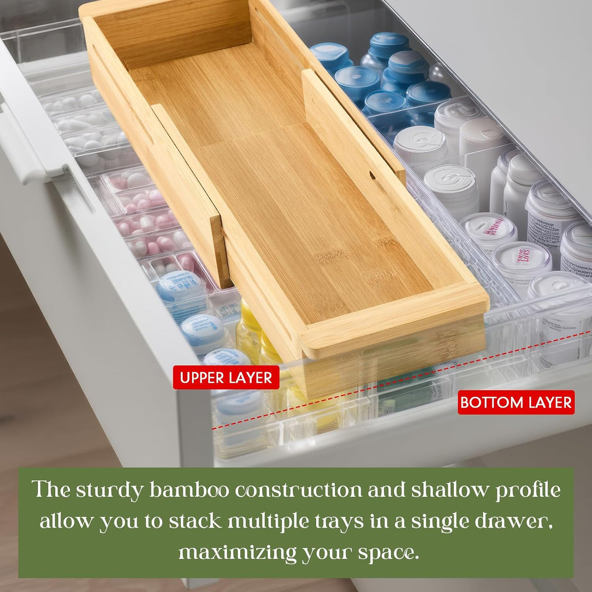 LemonRoad 1 Pcs Sliding Drawer Organizer Bamboo, Wood, 12.4-17.7 Inch