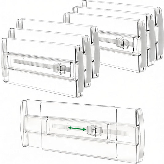 Kcysta 6 Pack Adjustable Drawer Dividers - 4" High Clear Expandable Dresser Organizers 10"-17" Length, Transparent Drawer Separators for Clothes, Underwear, Cosmetics & Kitchen Utensils Storage
