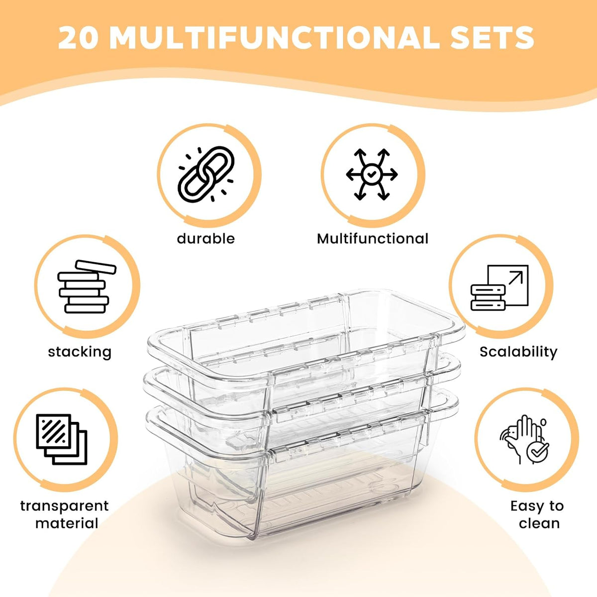 20PCS Clear Drawer Organizer Set, Expandable Acrylic Vanity Storage Bins, 2 Sizes Adjustable Plastic Junk Drawer Dividers, BPA-Free Non-Slip Stackable Organizers for Makeup, Bedroom, Office & Tools