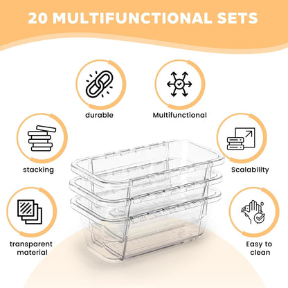 20PCS Clear Drawer Organizer Set, Expandable Acrylic Vanity Storage Bins, 2 Sizes Adjustable Plastic Junk Drawer Dividers, BPA-Free Non-Slip Stackable Organizers for Makeup, Bedroom, Office & Tools