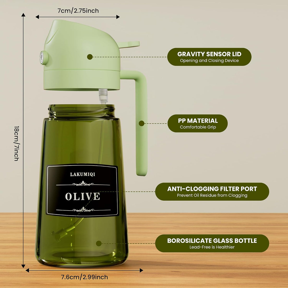Oliver Oil Sprayer Dispenser for Cooking Bottle 16oz Green Glass Green