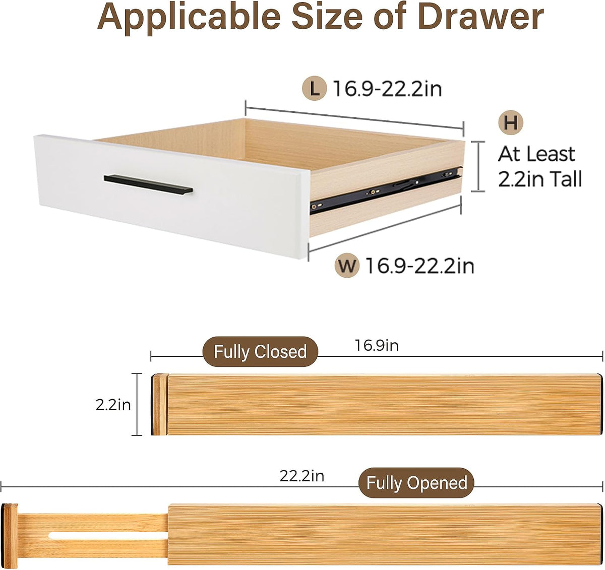 Adjustable Bamboo Drawer Dividers of 4, Expandable Organizers (16.9"-22.2")