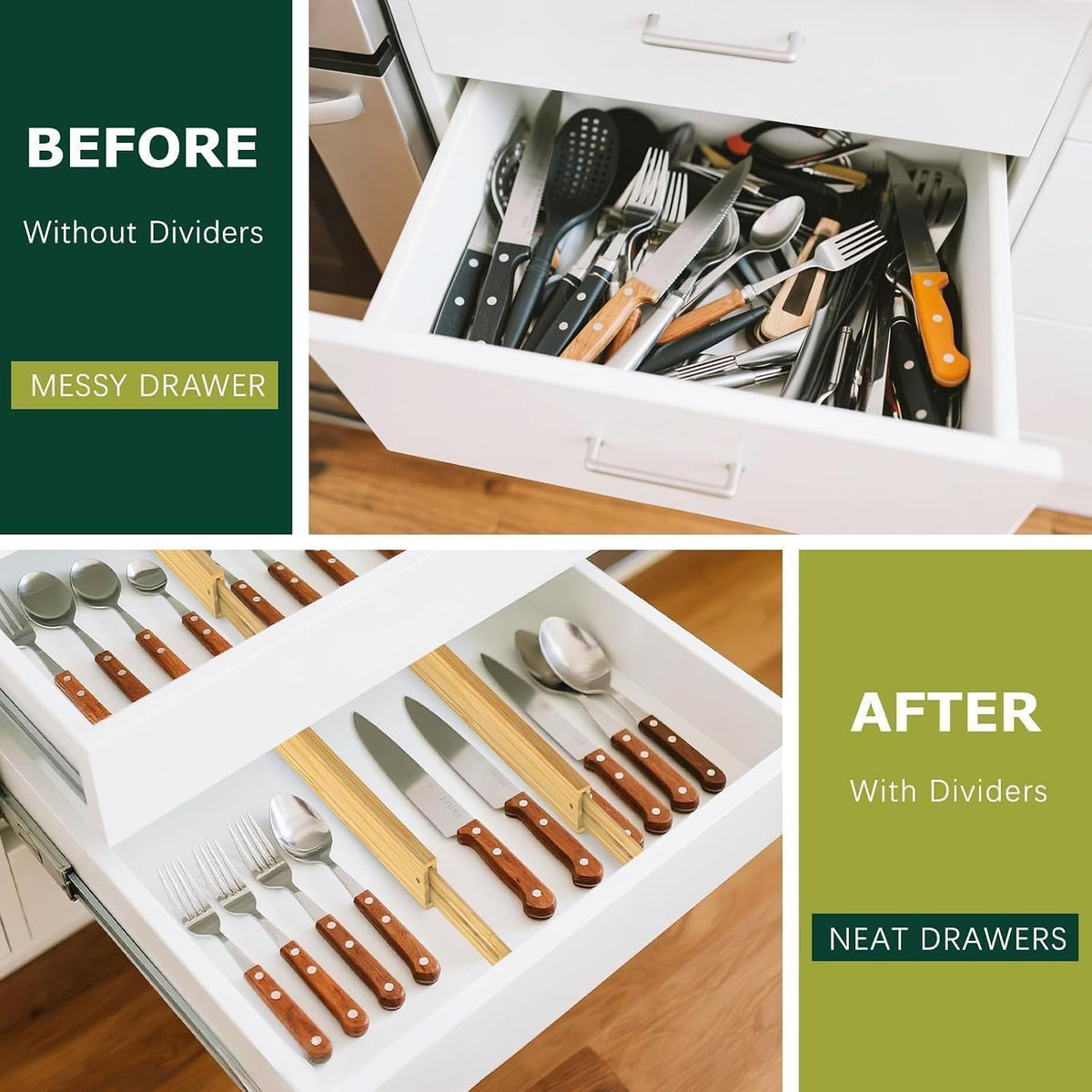 Lzerking Kitchen Drawer Dividers 6 Pack Bamboo Drawer Organizers