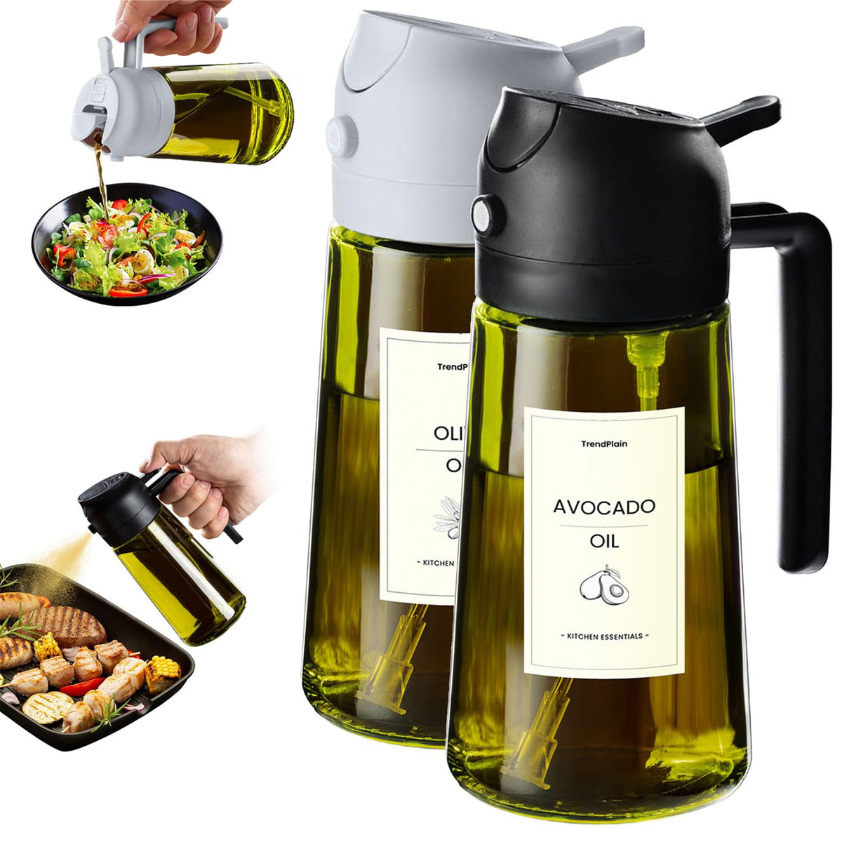 TrendPlain - Original 16oz/470ml Olive Oil Dispenser Bottle for Kitchen Gadgets and Air Fryer Accessories - Olive Oil Sprayer for Cooking w/Stickers - Black&Green