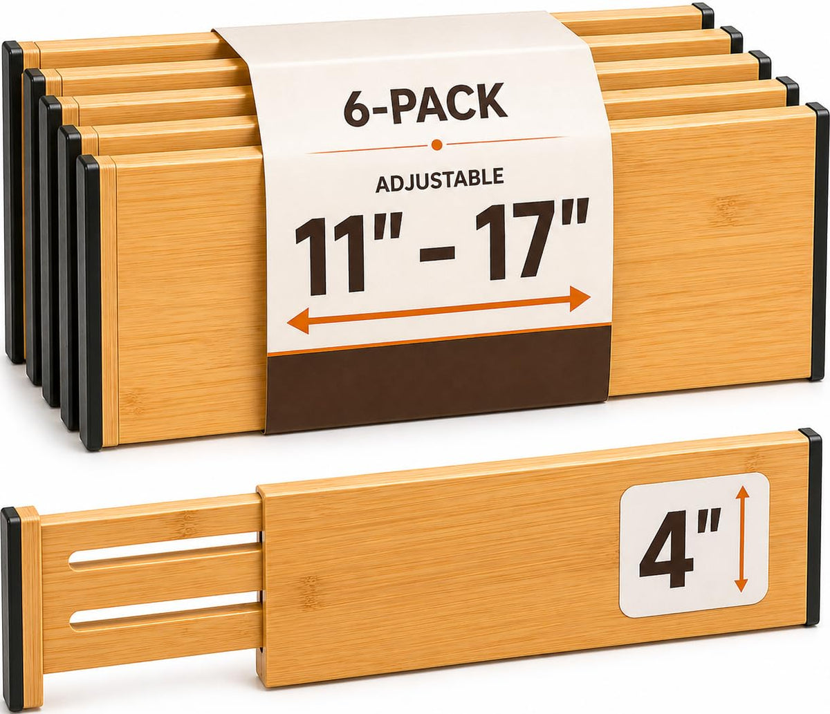 6 Pack Black Drawer Dividers - 6 Inch High for Deep Drawers, Adjustable 11.5 to 17 Inch Expandable Kitchen Drawer Organizer, Spring Loaded Dresser Separator for Clothes, Bedroom, Bathroom, Office