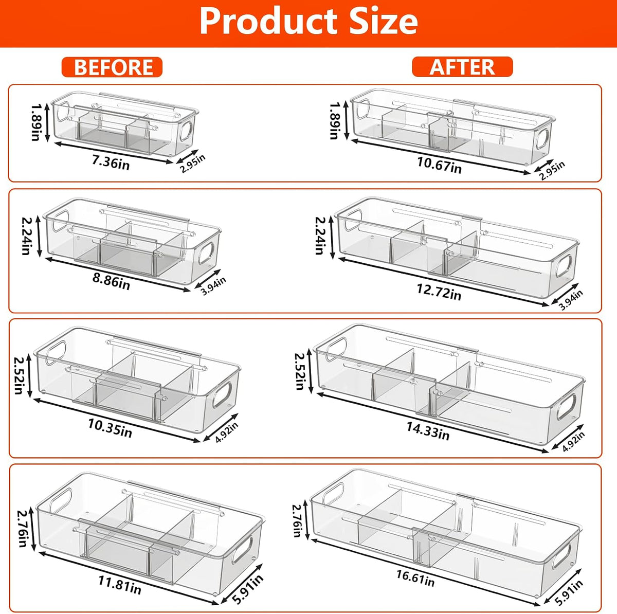 REBECAT 4 -Size Expandable Drawer Organizer 4 Pack Plastic Storage Bins