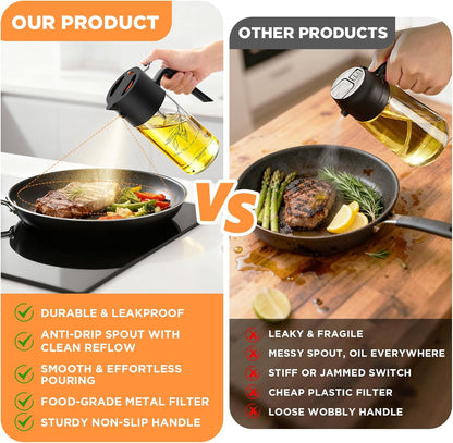 PLAPITATE 17oz/500ml Premium Olive Oil Sprayer for Cooking, 2 in 1 Glass Olive Oil Dispenser Bottle for Kitchen Gadgets, Spray Bottle with Portion Control for Salad, Frying, BBQ (Black)