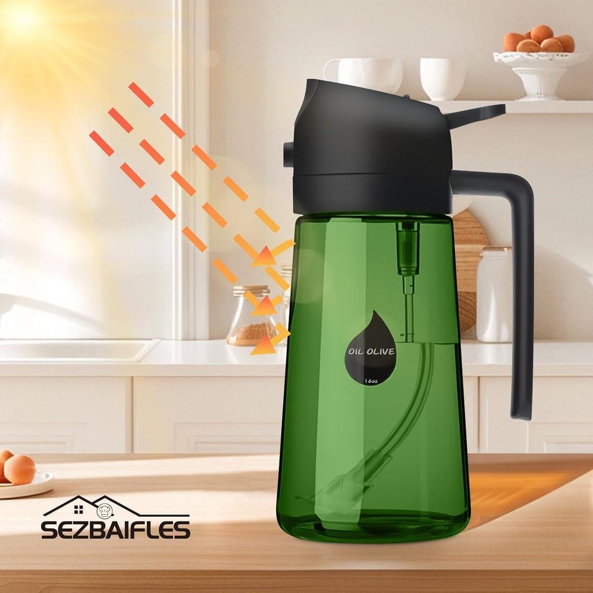 2 in 1 Oil Sprayer for Cooking, Olive Oil Dispenser Bottle for Kitchen Spray and Pour, 16oz/470ml Light-Blocking Dark Green Glass Bottle, Food-Grade Oil Mister for Air Fryer Cream Cap