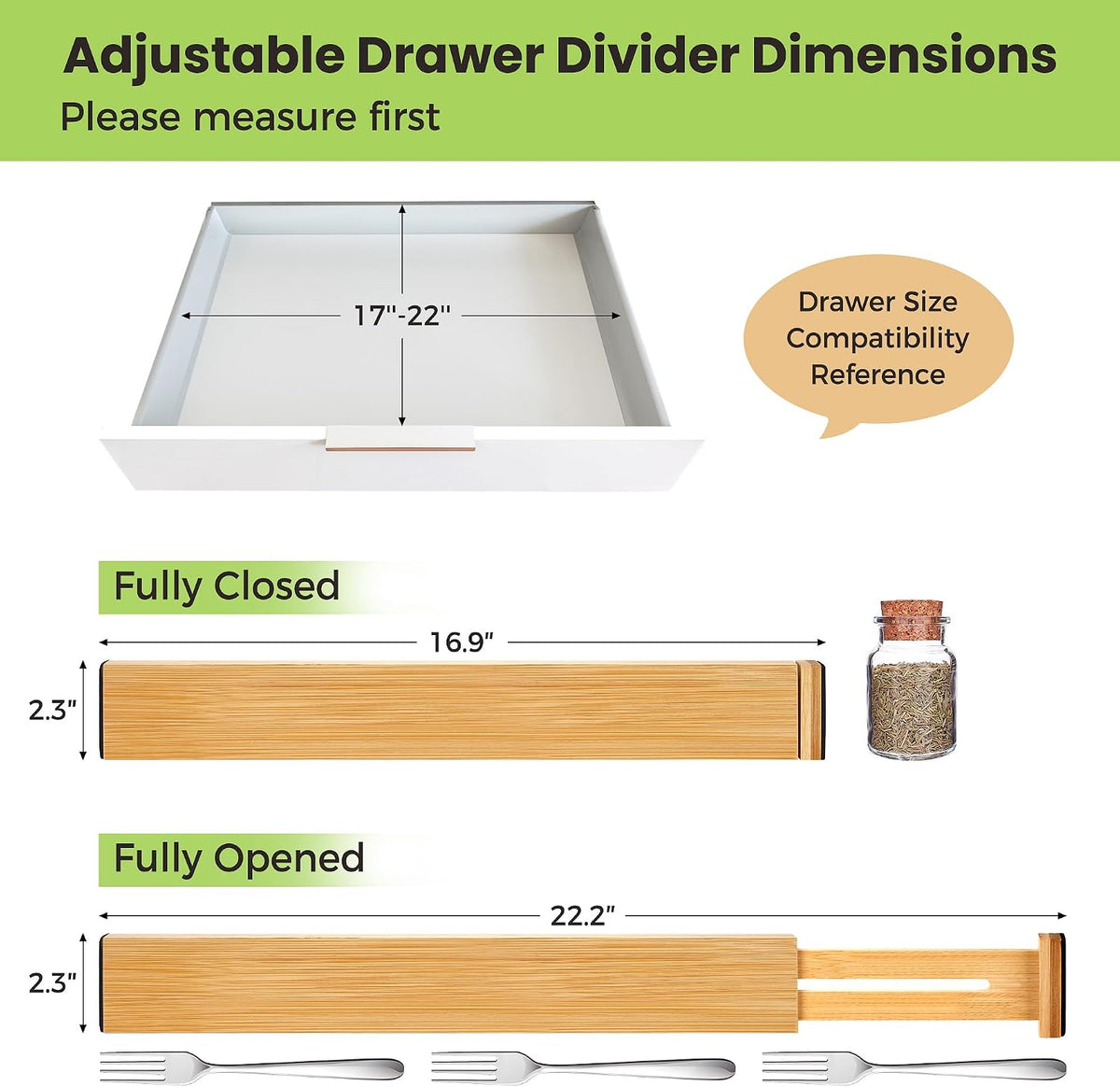 Fyvva Drawer Organizer, Spring-Loaded Expandable Bamboo Dividers 8-Pack
