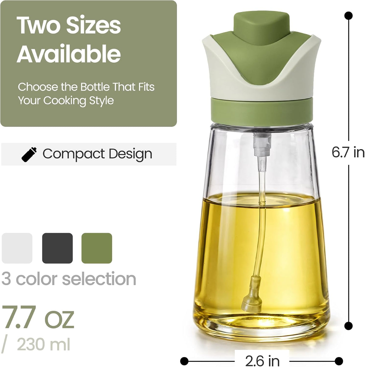 Olive Oil Dispenser for Kitchen | 2-in-1 Pour and Spray | 7.7 oz / 230 ml | Glass Olive Oil Sprayer for Cooking, Airfryer, Salad & BBQ | Set of 2 Bottles, Green