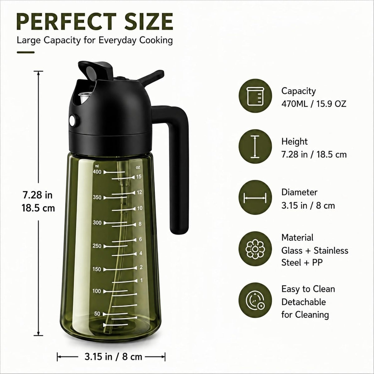 16 Oz Olive Oil Sprayer for Cooking, 2 in 1 Light Blocking Glass Dispenser