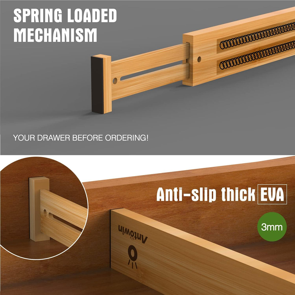 ANTOWIN 4 Pcs Expandable Bamboo Drawer Dividers, Fits 17.6-21.6" Drawers