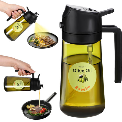 Oil Sprayer for Cooking,470ml Cooking Olive Oil Sprayer and Oil Dispenser 2 In 1, Food-grade Glass Oil Spray Bottle Mister for Air Fryer, BBQ, Griddle (Black+dark green glass and color label)