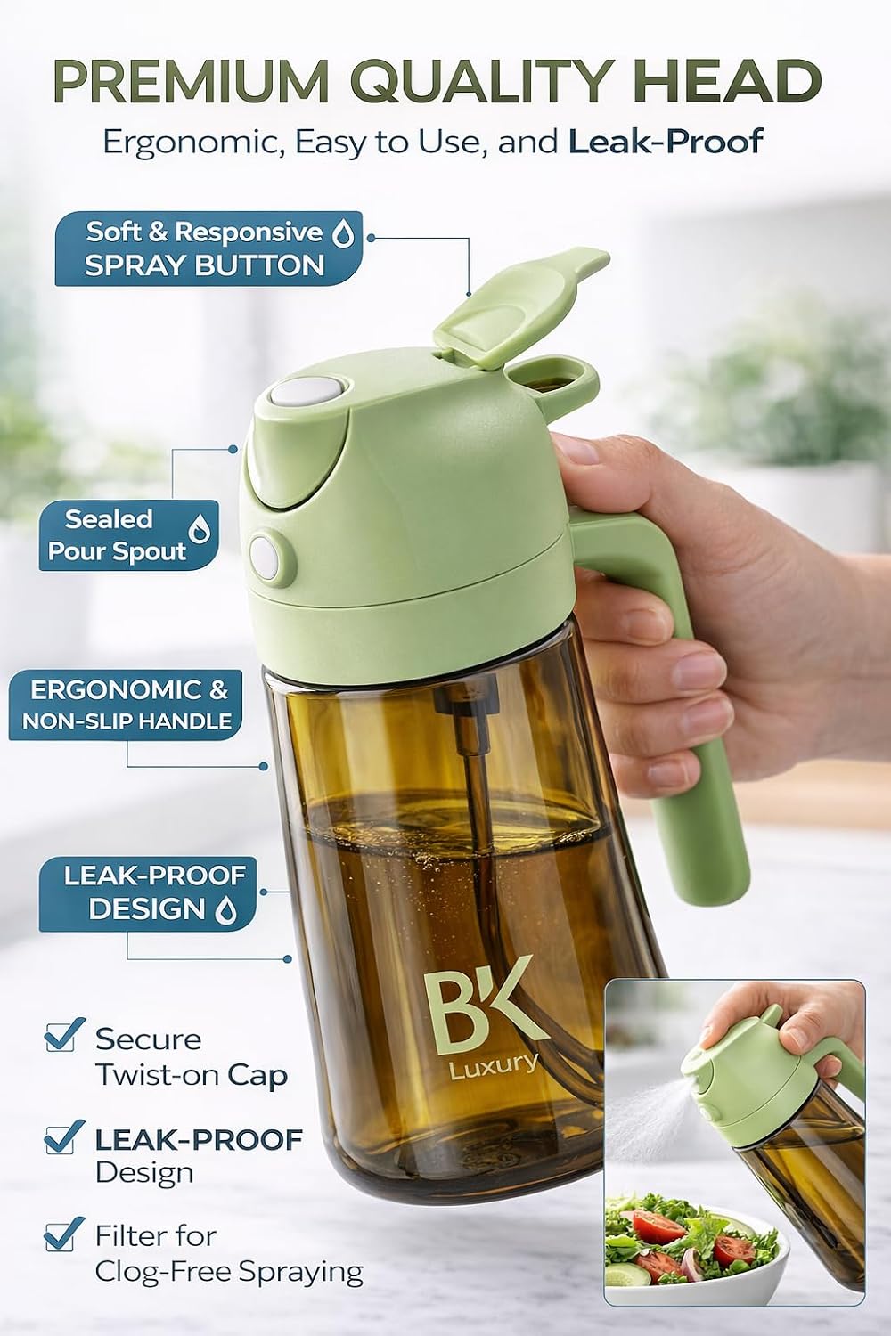 Premium Quality 2-in-1 Oil Sprayer & Dispenser Bottle, Glass, 470ml, Spray & Pour, Leak-Proof, BPA-Free, Refillable, for Cooking & Air Fryer, Dark green colour