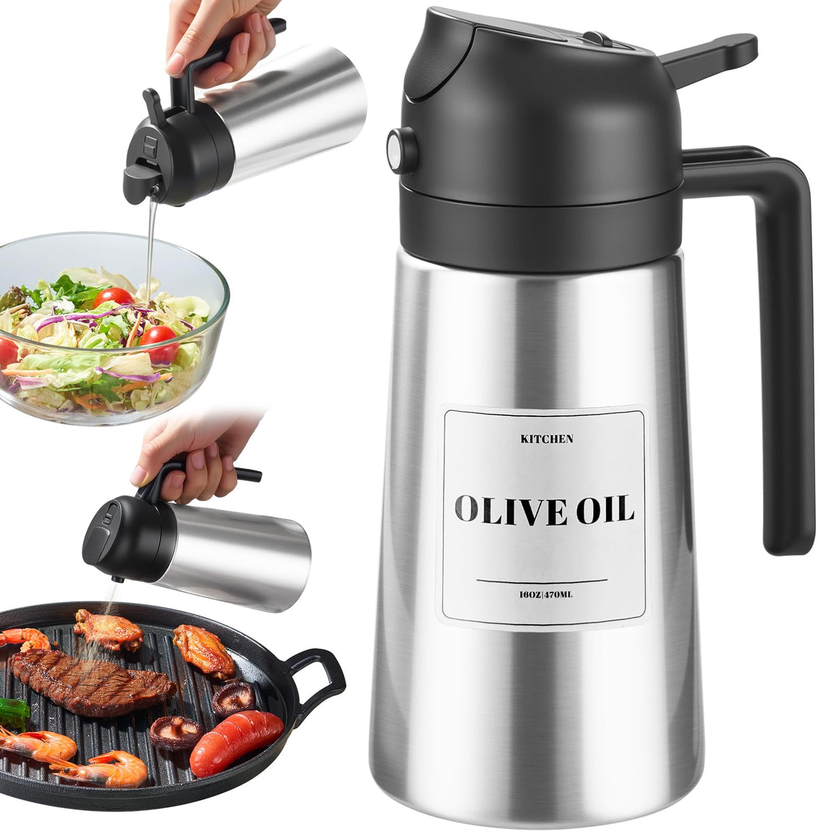 PARACITY Oil Sprayer and Pourer, 16 fl oz Stainless Steel Oil Dispenser
