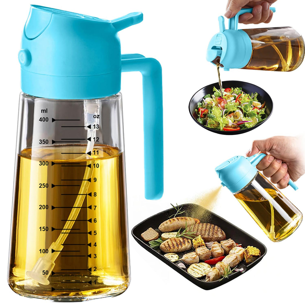 TrendPlain 16oz/470ml Glass Olive Oil Sprayer for Cooking – 2 in 1 Olive Oil Dispenser Bottle for Kitchen Gadgets and Air Fryer Accessories, Salad, BBQ - Black