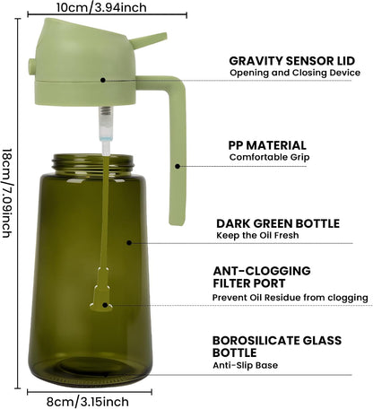 Oil Dispenser Glass Bottle, 16oz/470ml, 2-in-1 Oil Sprayer and Pourer, Clear Glass with Light-Blocking Dark Exterior Coating, for Cooking, Air Fryer, Salad, BBQ (Green)
