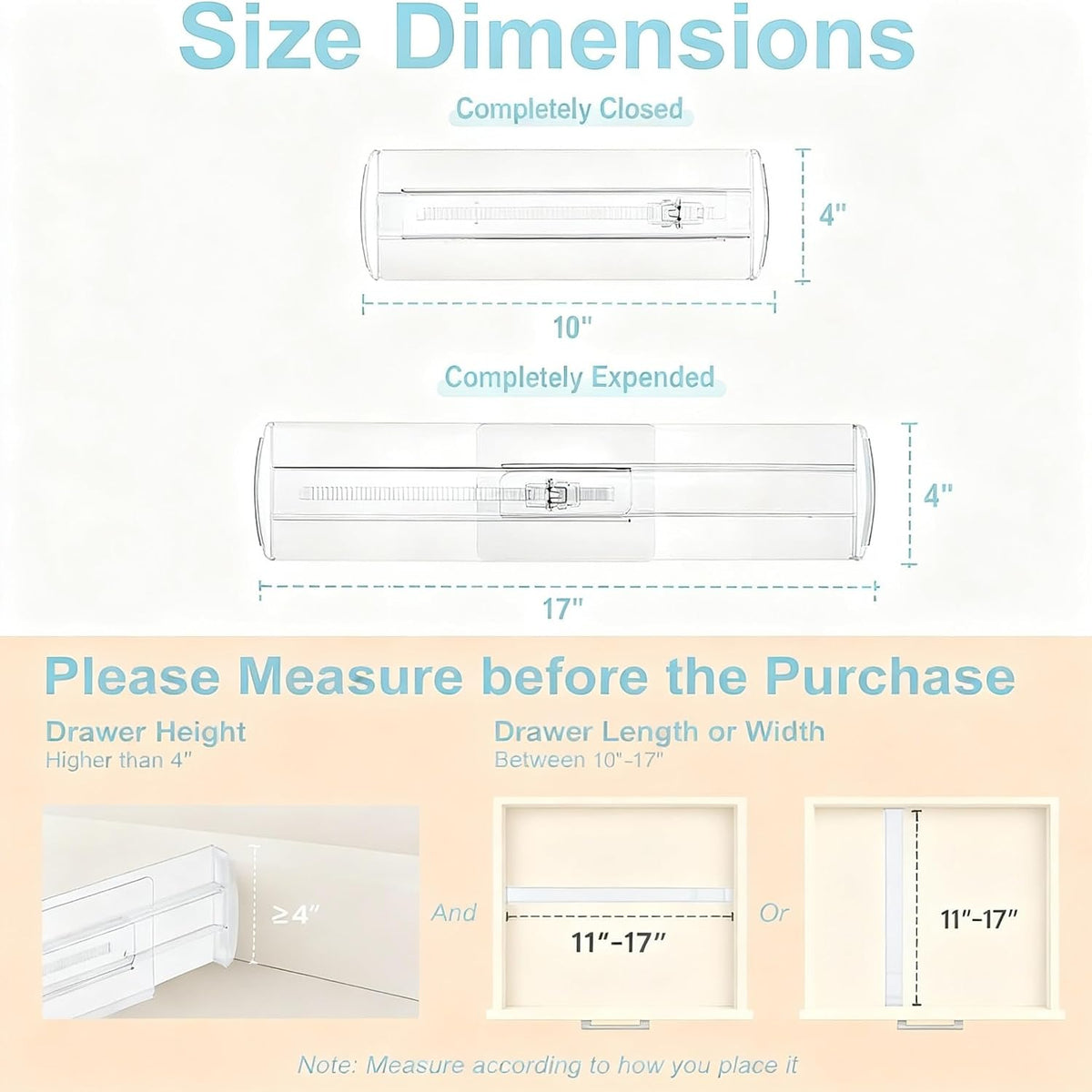 Kcysta 6 Pack Adjustable Drawer Dividers - 4" High Clear Expandable Dresser Organizers 10"-17" Length, Transparent Drawer Separators for Clothes, Underwear, Cosmetics & Kitchen Utensils Storage