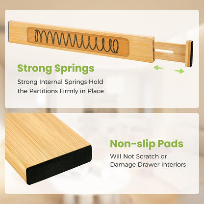 Fyvva Drawer Organizer, Spring-Loaded Expandable Bamboo Dividers 8-Pack