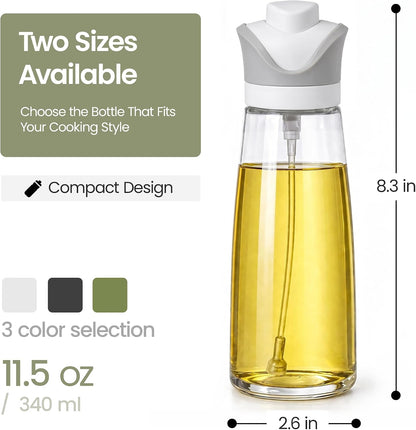 Olive Oil Dispenser for Kitchen 2-in-1 Pour and Spray | 11.5 oz / 340 ml | Glass Olive Oil Sprayer for Cooking, Airfryer, Salad & BBQ | Set of 2 Bottles, White