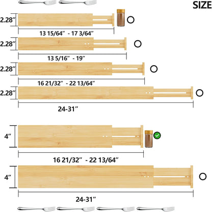 BAMEOS Bamboo Expandable Drawer Dividers – Fits 16.65"–22" Drawers, 4" Extra Deep Walls, Set of 4 | Maximum-Height Spring-Loaded Organizer for Deep Kitchen, Bathroom & Dresser Drawers