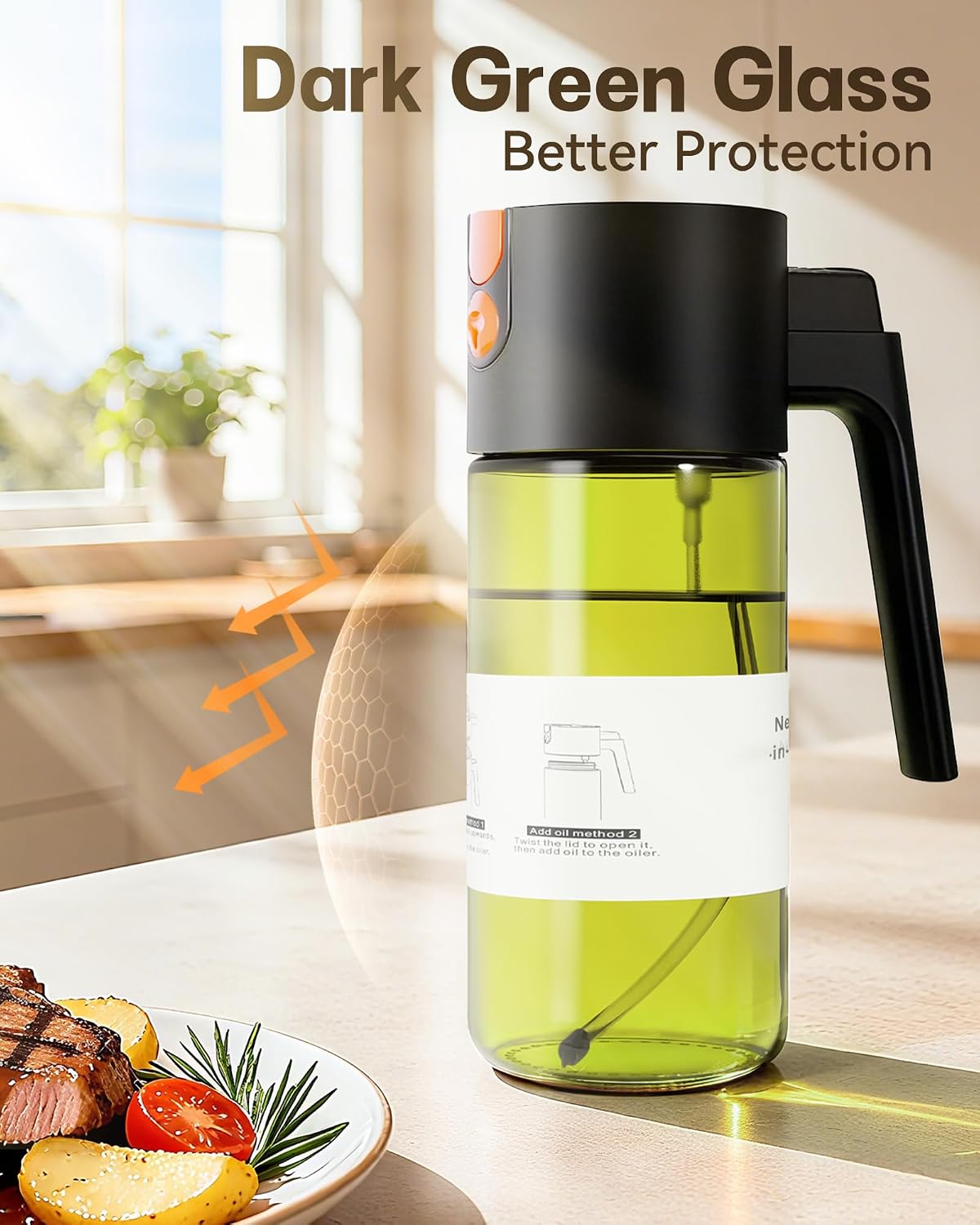 Olive Oil Sprayer & Dispenser Bottle for Cooking 17oz Dark Glass Oil Mister