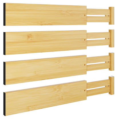 BAMEOS Bamboo Expandable Drawer Dividers – Fits 16.65"–22" Drawers, 4" Extra Deep Walls, Set of 4 | Maximum-Height Spring-Loaded Organizer for Deep Kitchen, Bathroom & Dresser Drawers
