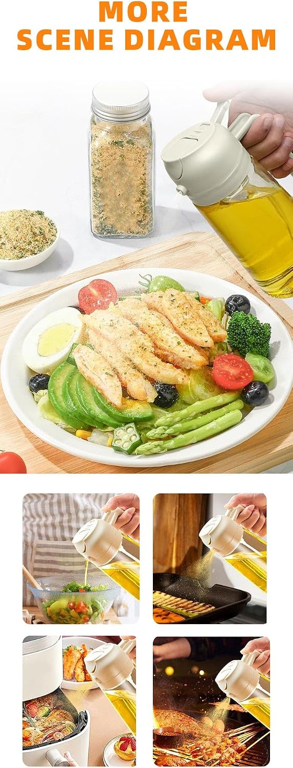 2 in 1 Olive Oil Sprayer for Cooking, Glass Oil Spray Bottle for Air Fryer, BBQ, Kitchen Oil Dispenser 470ml