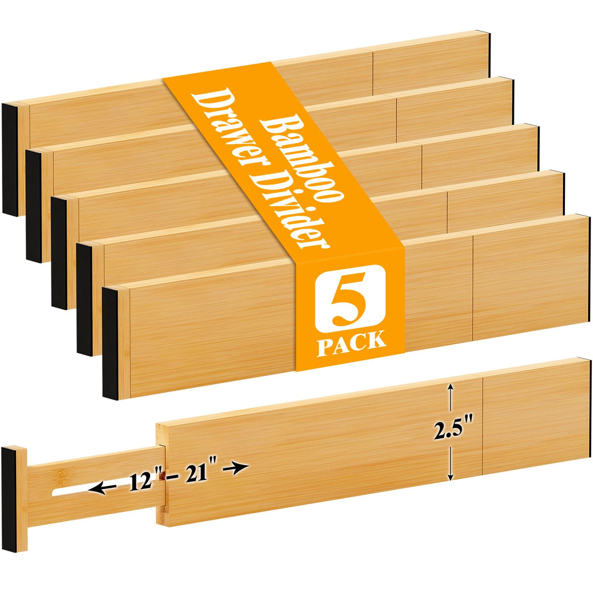 Bamboo Drawer Dividers, 12-21 Inch Kitchen Adjustable Drawer Organizers