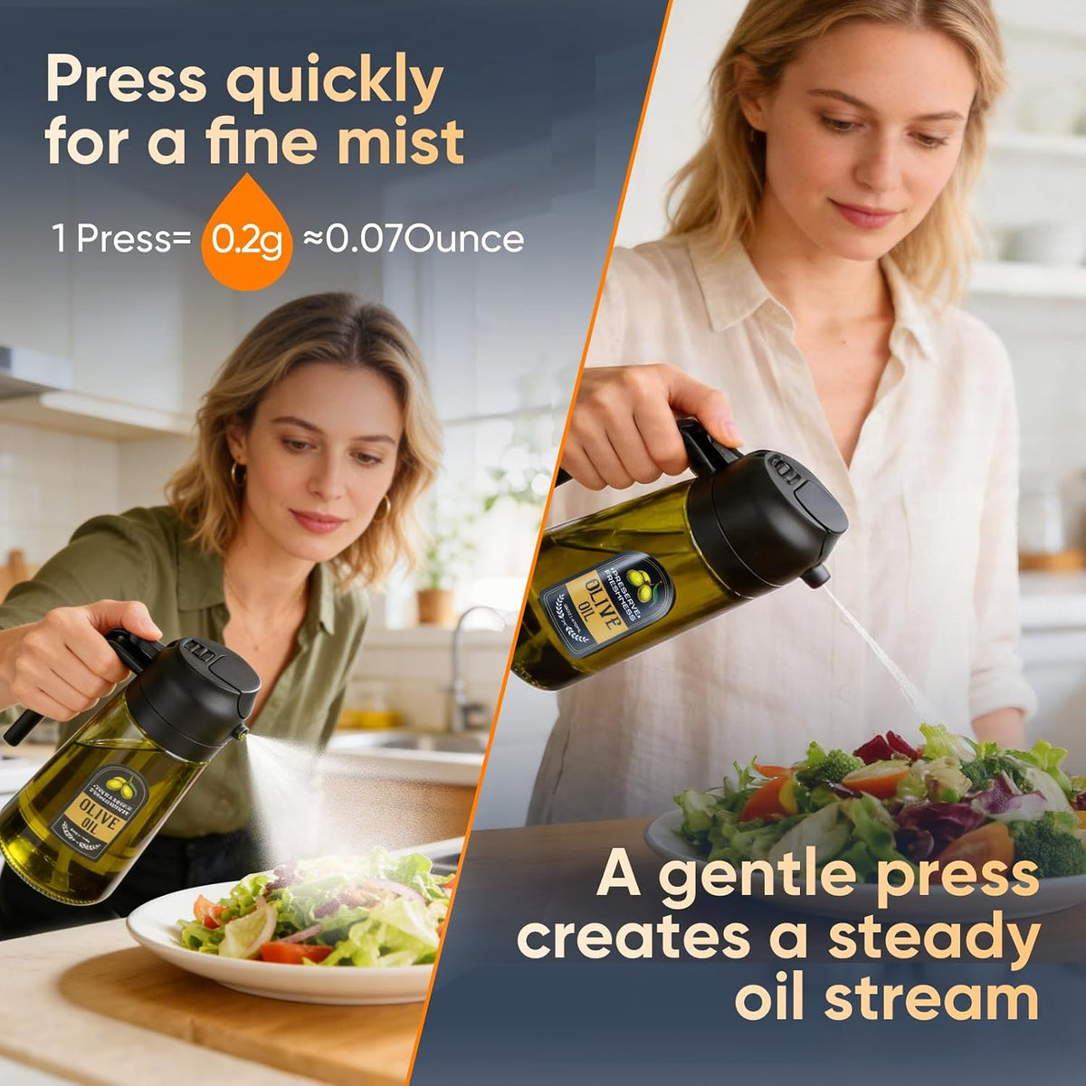 2 in 1 Olive Oil Sprayer for Cooking, 16 Oz Olive Oil Dispenser Bottle for Kitchen, Fits Air Fryers, Salads, BBQ & More