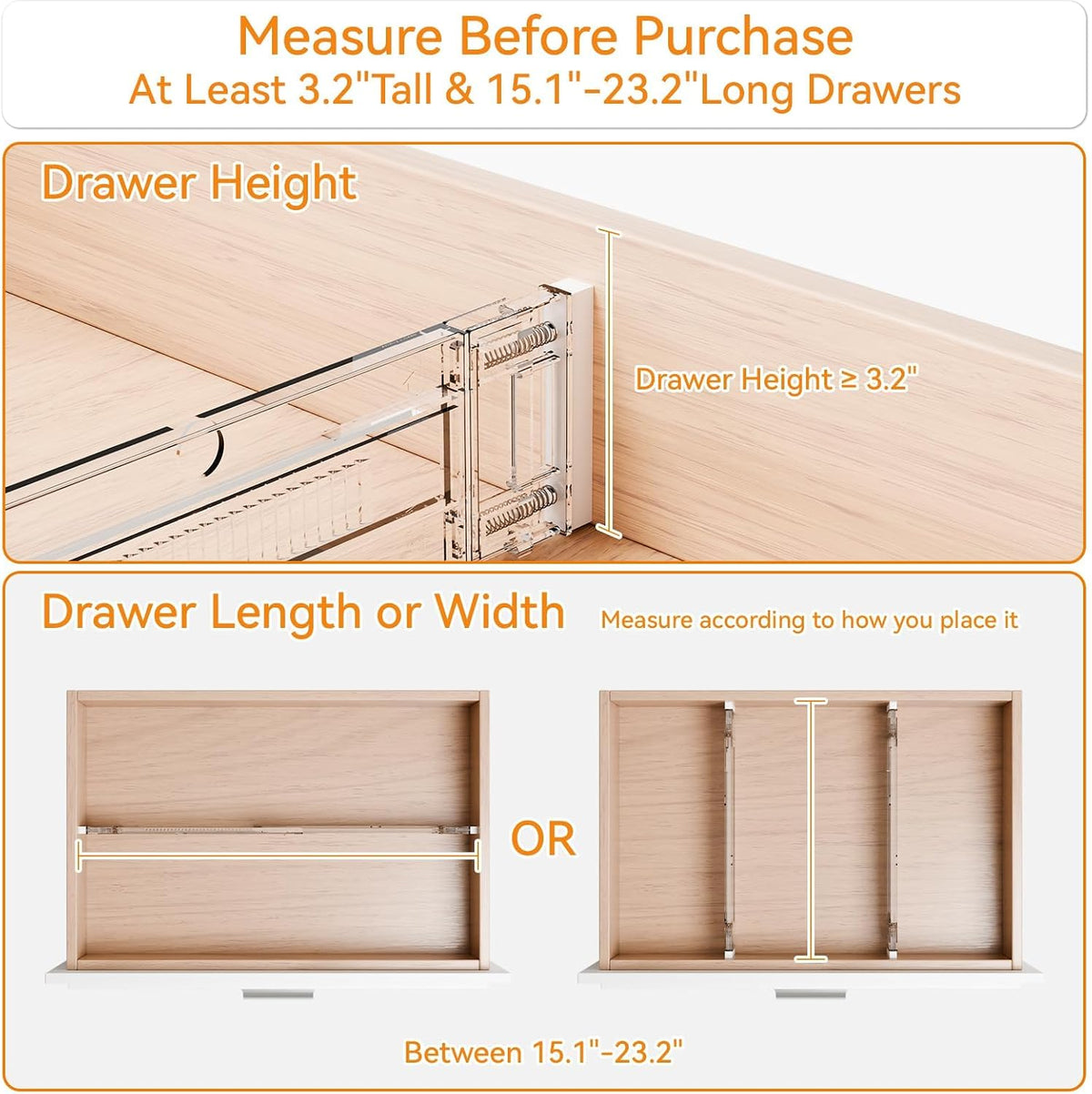 Yieach 4 Pack 3.2 Inch Shallow Acrylic Drawer Dividers for Clothes -Expandable from 15-21''- Adjustable Drawer Dividers for Baby Clothing,Sock,Underwear,Clear in Drawer Separators for Dresser,Kitchen