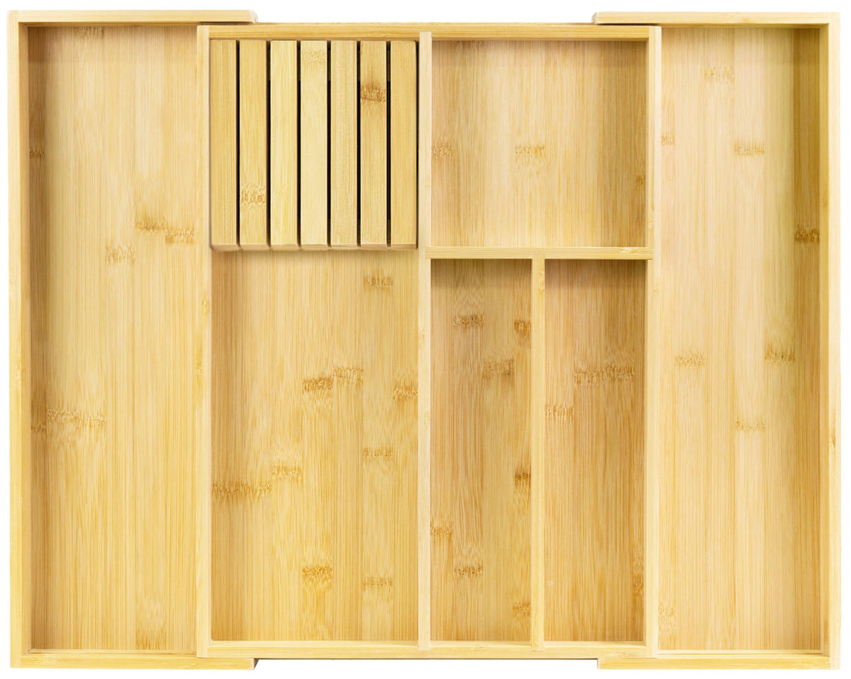 VaeFae Bamboo Silverware Drawer Organizer, 7 Slots, Natural