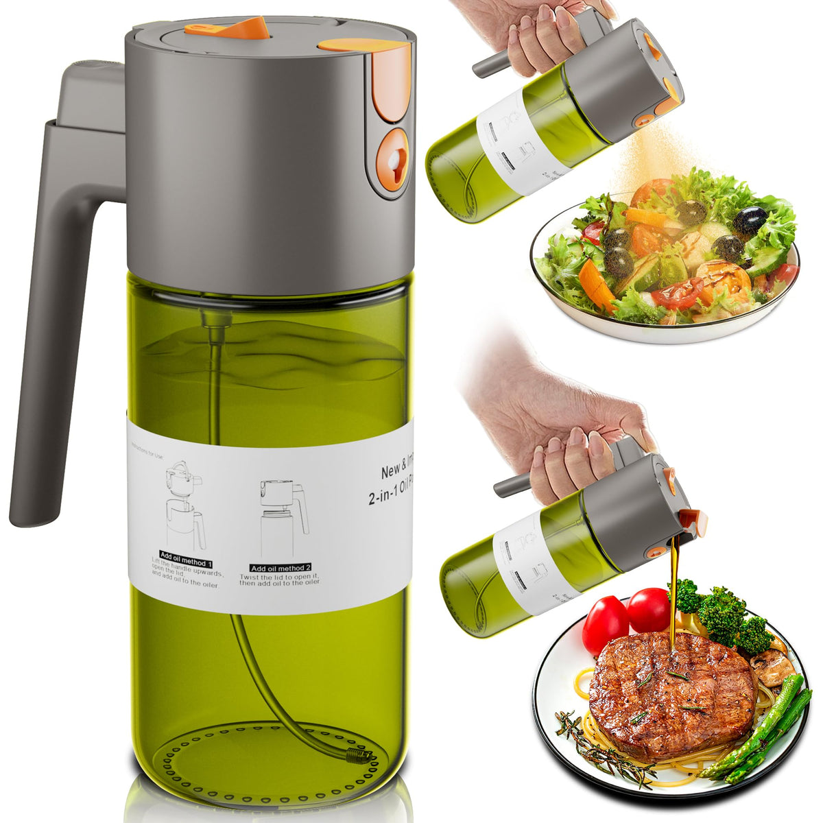 LAKUMIQI 2 in 1 Oil Sprayer & Dispenser, 17 oz Light-Blocking Glass Bottle