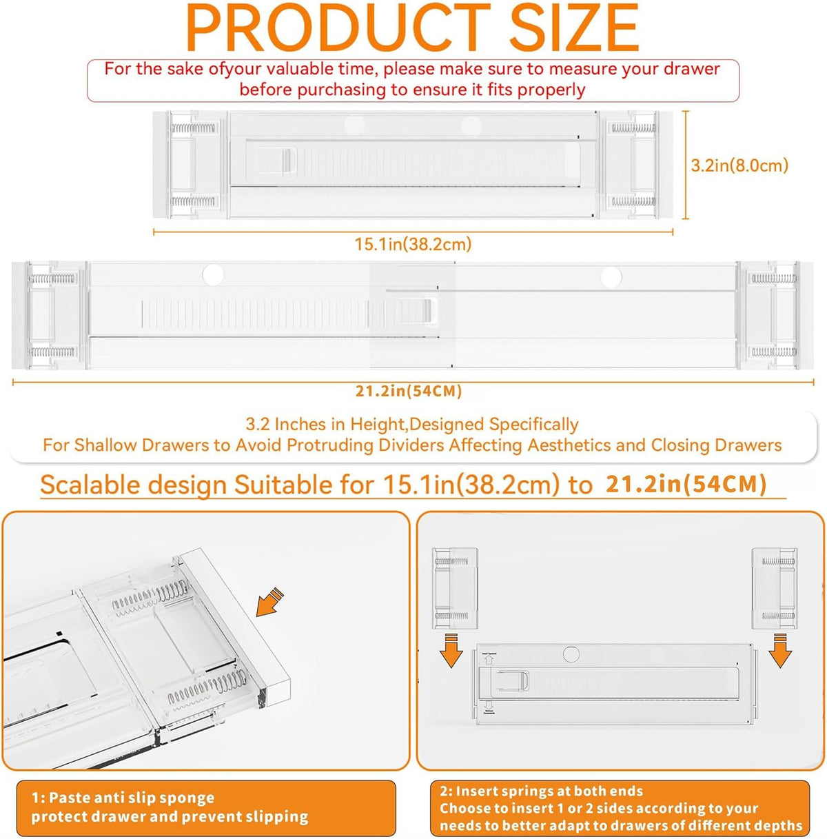 Yieach 4 Pack 3.2 Inch Shallow Acrylic Drawer Dividers for Clothes -Expandable from 15-21''- Adjustable Drawer Dividers for Baby Clothing,Sock,Underwear,Clear in Drawer Separators for Dresser,Kitchen