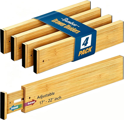 4 Pack Bamboo Drawer Divider, 17-22" Adjustable Organizers