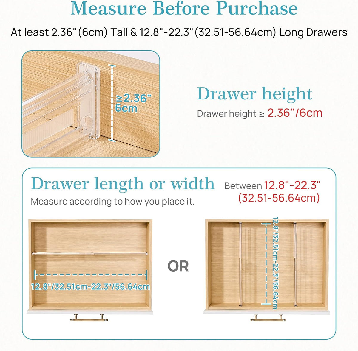 Vtopmart 2.36" Drawer Dividers with Expandable Inserts, 12.8"-22.3", 8 Pack