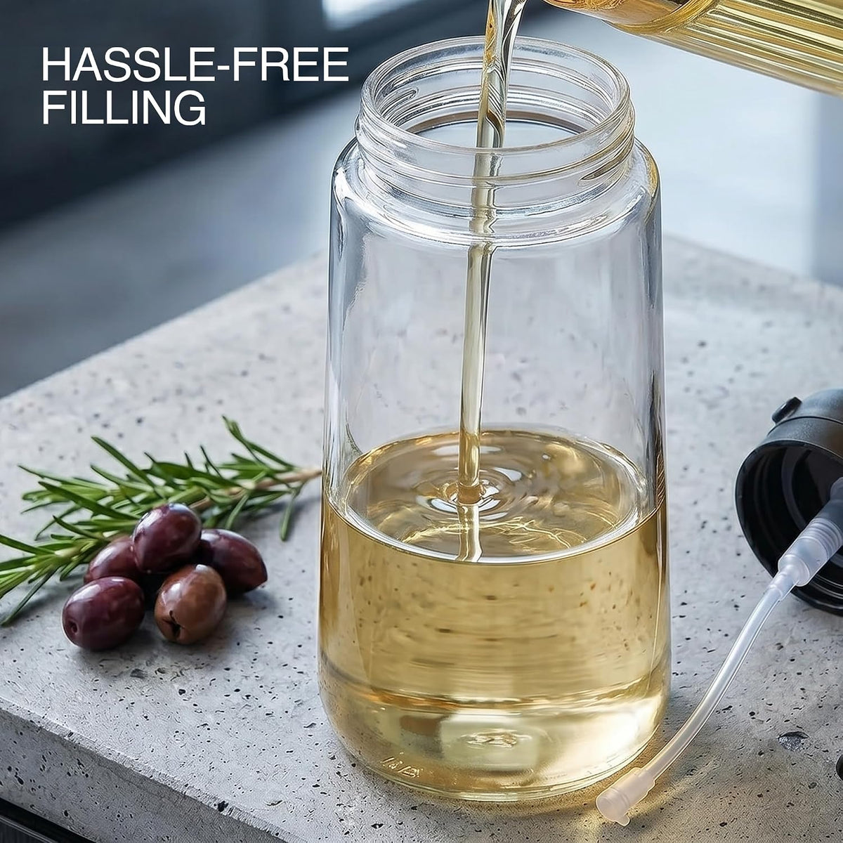 Hampton Distribution Olive Oil Sprayer for Cooking – 2-in-1 Oil Dispenser Bottle – Black Kitchen Oil Cruet with Non-Drip Spout, 15 Ounce