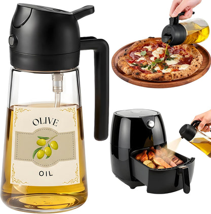 Glass Olive Oil Sprayer for Cooking 16oz/470ml – Transparent 2-in-1 Glass Oil Sprayer & Dispenser with 9 Labeled Stickers, Kitchen Gadgets & Air Fryer Accessories, Olive Oil Dispenser – Black