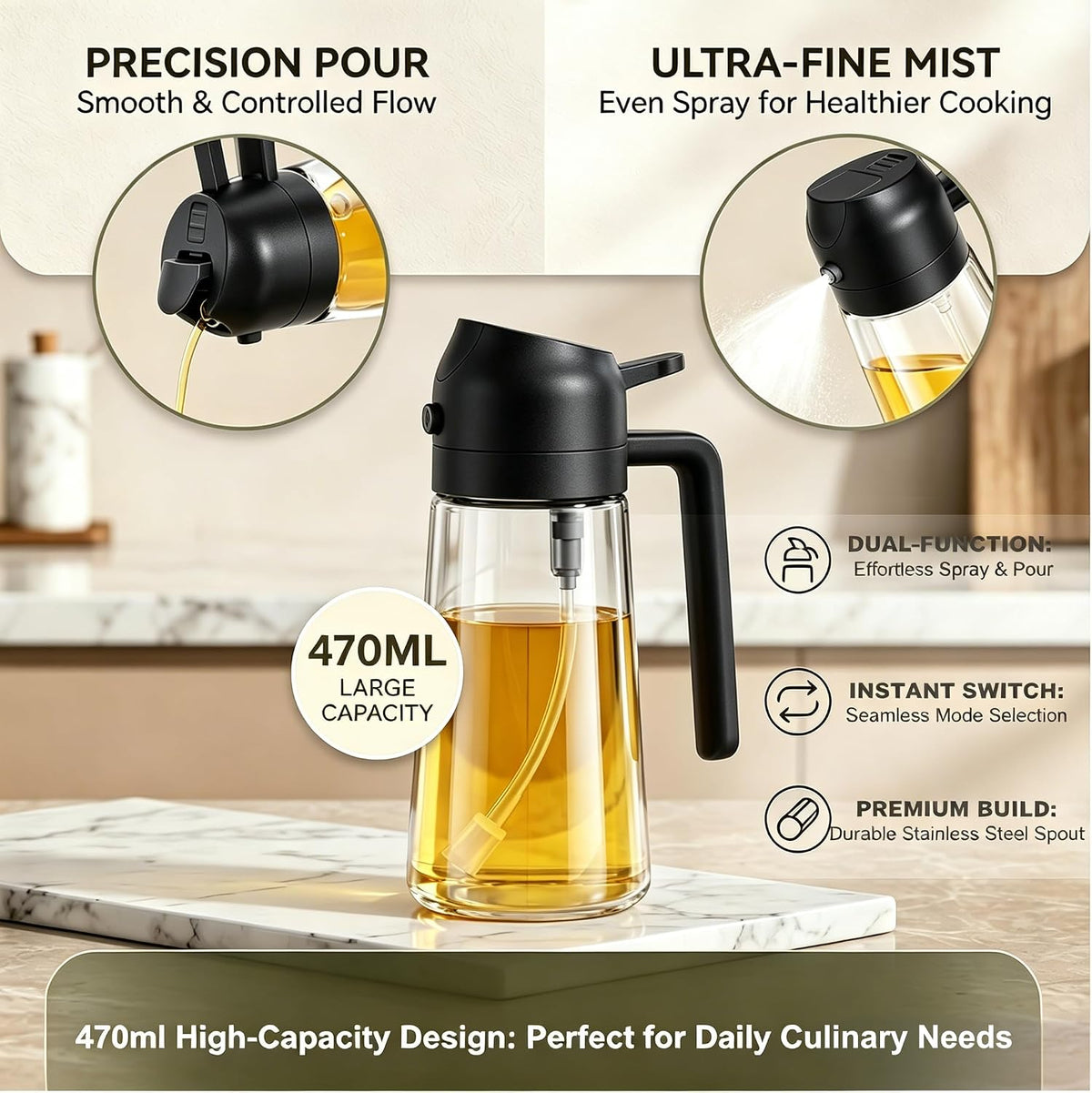 Pure Future 2-in-1 Olive Oil Sprayer for Cooking, Dispenser Bottle (Black)