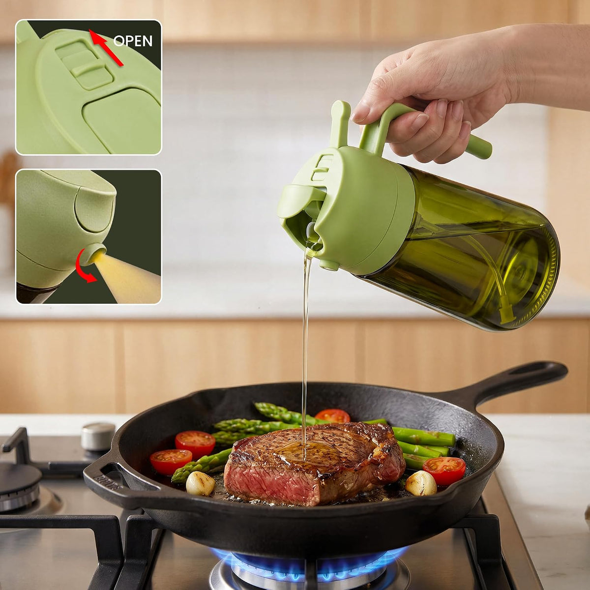 Oil Dispenser Glass Bottle, 16oz/470ml, 2-in-1 Oil Sprayer and Pourer, Clear Glass with Light-Blocking Dark Exterior Coating, for Cooking, Air Fryer, Salad, BBQ (Green)