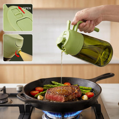 Oil Dispenser Glass Bottle, 16oz/470ml, 2-in-1 Oil Sprayer and Pourer, Clear Glass with Light-Blocking Dark Exterior Coating, for Cooking, Air Fryer, Salad, BBQ (Green)