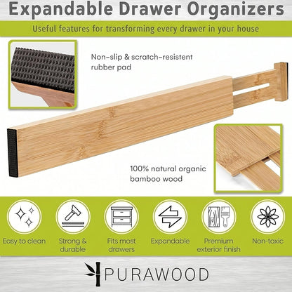 Purawood Living Bamboo Drawer Organizer Adjustable and Expandable Set of 4