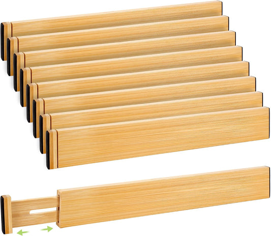 Fyvva Drawer Organizer, Spring-Loaded Expandable Bamboo Dividers 8-Pack