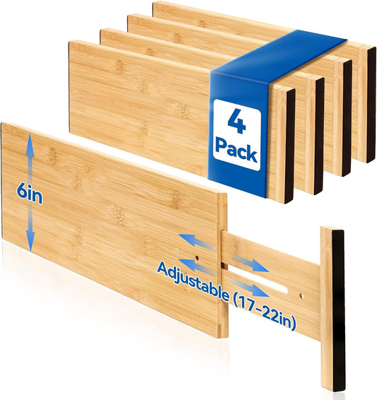 4 Pack 6" Deep Bamboo Drawer Dividers, 17-22" Expandable Kitchen Organizers