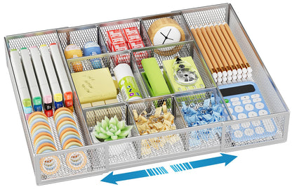 Marbrasse Expandable Desk Drawer Organizer, Mesh Drawer Organizer Tray with 10 Adjustable Compartments, Desk Organizers and Accessories, 5 Dividers Drawer for Office Supplies, Makeup & Vanity (Black)