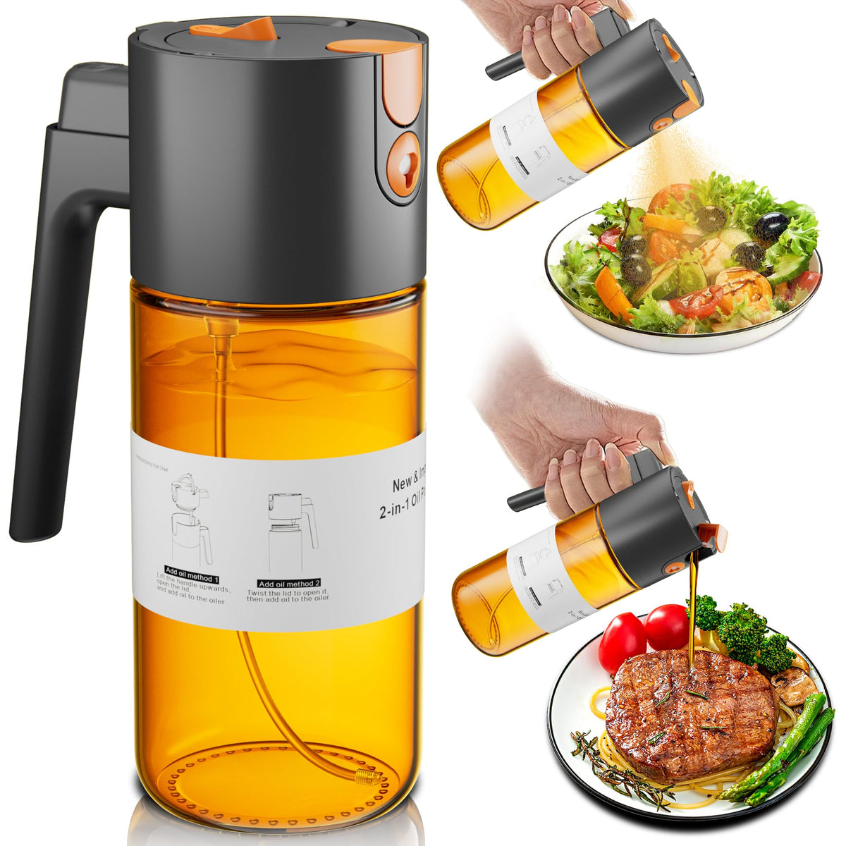 LAKUMIQI 2 in 1 Oil Sprayer & Dispenser, 17 oz Light-Blocking Glass Bottle