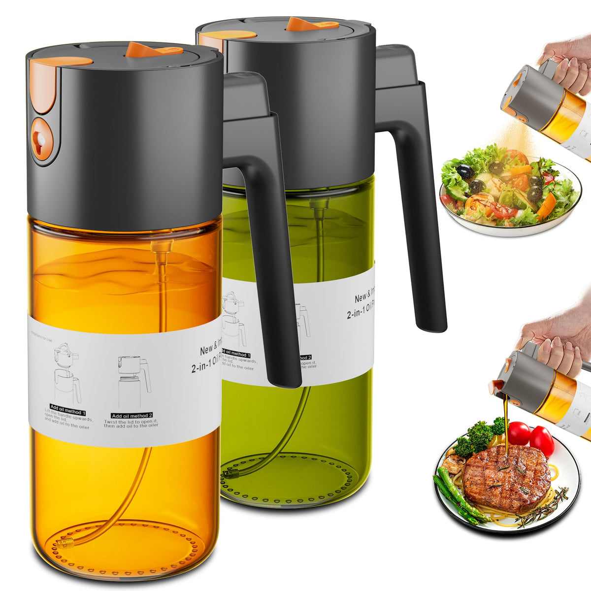 LAKUMIQI 2 in 1 Oil Sprayer & Dispenser, 17 oz Light-Blocking Glass Bottle