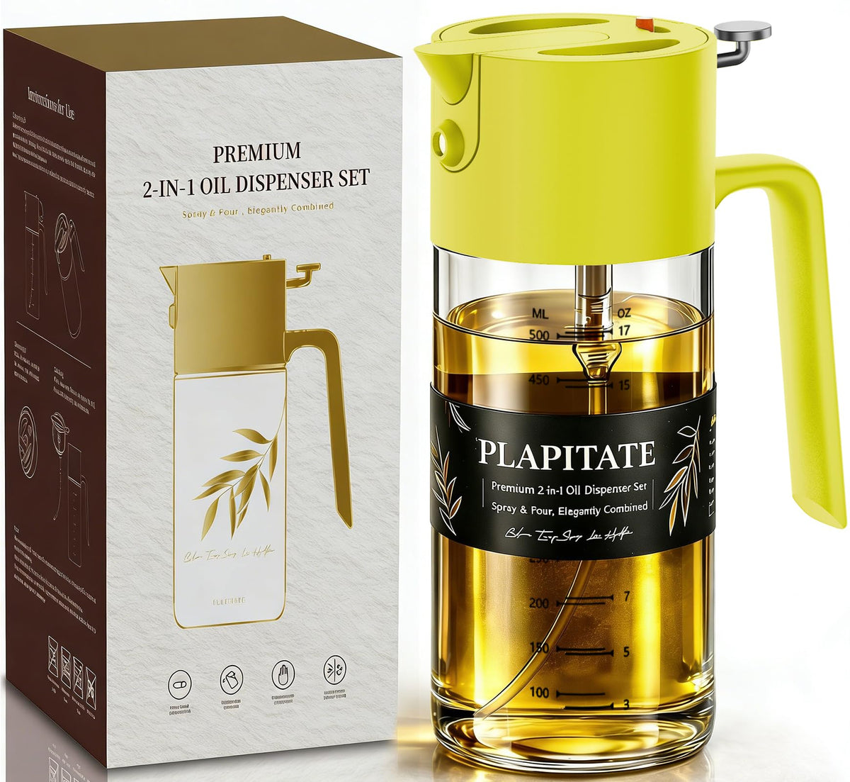 PLAPITATE 17oz/500ml Premium Olive Oil Sprayer for Cooking, 2 in 1 Glass Olive Oil Dispenser Bottle for Kitchen Gadgets, Spray Bottle with Portion Control for Salad, Frying, BBQ (Black)