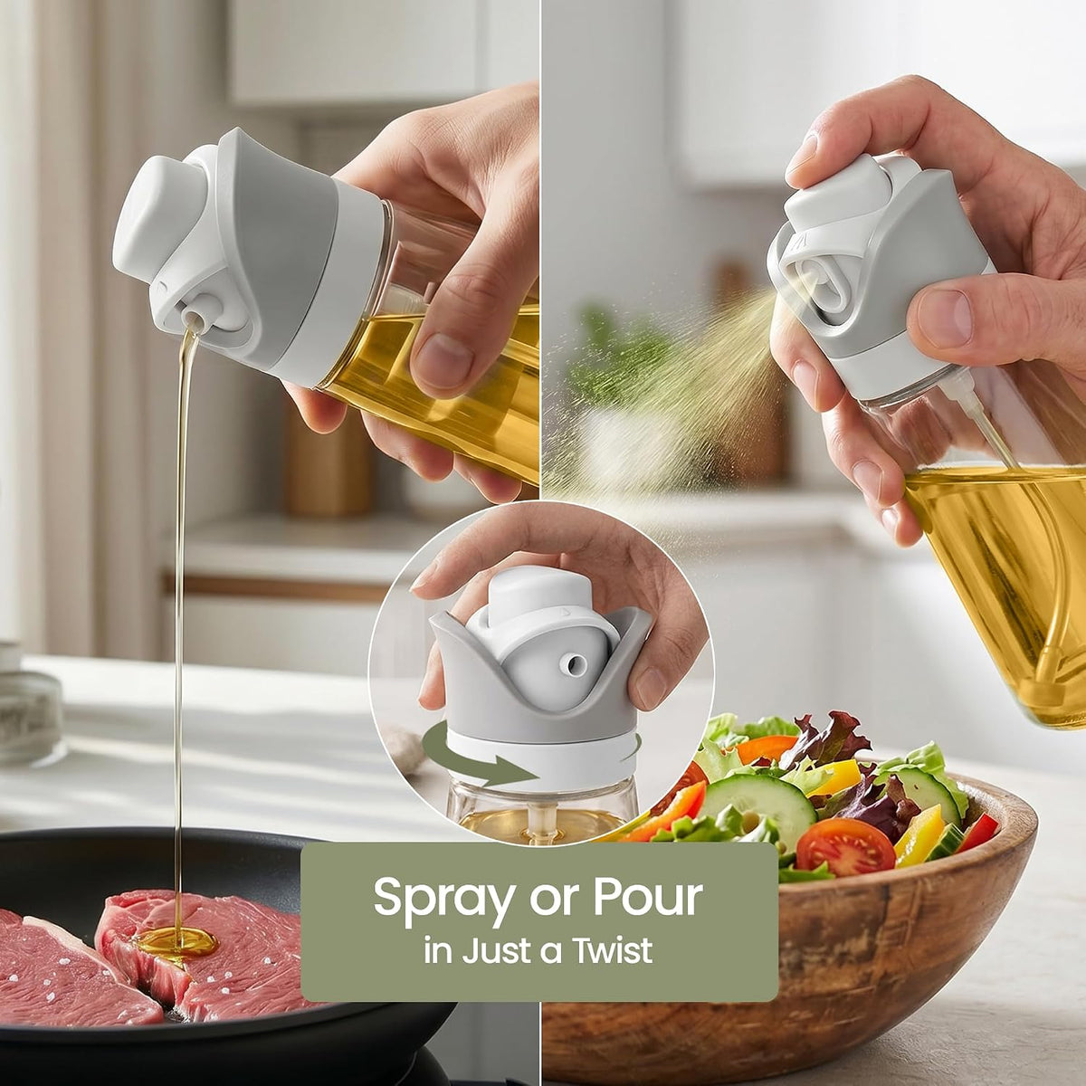 Olive Oil Dispenser for Kitchen 2-in-1 Pour and Spray | 11.5 oz / 340 ml | Glass Olive Oil Sprayer for Cooking, Airfryer, Salad & BBQ | Set of 2 Bottles, White